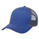 aerial view a royal blue with gray mesh and stitching cotton twill mesh two tone snapback cap, image 1 of 3