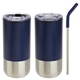 aerial view a navy blue oxford 16 oz stainless steel tumbler with straw, image 1 of 2