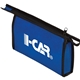 aerial view a blue with black trim non - woven zipper pouch, image 1 of 3