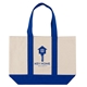 aerial view a royal blue 10 oz newport cotton canvas tote bag, image 1 of 8