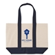 aerial view a navy 10 oz newport cotton canvas tote bag, image 1 of 8