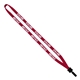 aerial view a red 1/2 cotton lanyard with plastic clamshell bulldog clip, image 1 of 2