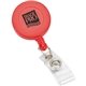 a red retractable badge reel round
