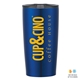 aerial view a blue 20 oz vacuum insulated stainless steel tumbler, image 1 of 4