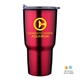 aerial view a red 30 oz stainless steel tumbler with plastic liner, image 1 of 3