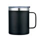 aerial view a black 14 oz vacuum insulated coffee mug, image 1 of 2