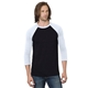 a black/ white bayside - unisex triblend three - quarter sleeve raglan t - shirt