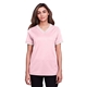 aerial view a pink/ white devon jones crownlux performance(r)ladies plaited tipped v - neck top, image 1 of 6