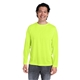 aerial view a safety yellow core365 adult fusion chromasoft(tm) performance long - sleeve t - shirt, image 1 of 10
