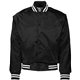aerial view a black/ white augusta sportswear unisex striped trim satin baseball jacket, image 1 of 3