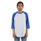 aerial view a heather gry/ roy shaka wear adult three - quarter sleeve raglan t - shirt, image 1 of 2