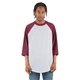 aerial view a hthr gry/ brgndy shaka wear adult three - quarter sleeve raglan t - shirt, image 1 of 3