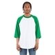 aerial view a white/ kelly grn shaka wear adult three - quarter sleeve raglan t - shirt, image 1 of 3