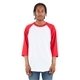 aerial view a white/ red shaka wear adult three - quarter sleeve raglan t - shirt, image 1 of 3
