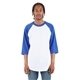 aerial view a white/ royal shaka wear adult three - quarter sleeve raglan t - shirt, image 1 of 3
