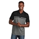 aerial view a black/ dark grey heather travismathew sunset blocked polo, image 1 of 5