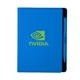 aerial view a electric bue soft touch notebook with pen, image 1 of 7