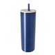 aerial view a navy double - wall stainless steel tumbler with bamboo lid and straw - 20 oz, image 1 of 3