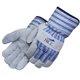 aerial view a gray split/blue striped fabric red jersey foam lined split cowhide work gloves, image 1 of 2