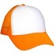 aerial view a orange foam rectangle emblem trucker hat, image 1 of 2