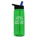 aerial view a transparent green bottle & black with blue spout lid 26 oz flair tritan water bottle with flip straw lid, image 1 of 3