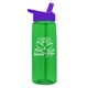 aerial view a transparent green bottle & violet lid 26 oz flair tritan water bottle with flip straw lid, image 1 of 3