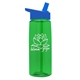 aerial view a transparent green bottle & royal blue lid 26 oz flair tritan water bottle with flip straw lid, image 1 of 3