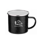 a black 16 oz iron and stainless steel camping mug