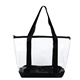 aerial view a clear with black trim bondi jumbo clear zippered tote bag, image 1 of 12
