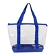 aerial view a clear with blue trim bondi jumbo clear zippered tote bag, image 1 of 15