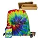 aerial view a group of tie dye drawstring backpack gift kit, image 1 of 2