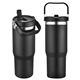 aerial view a black tollara 30 oz vacuum insulated tumbler with flip top spout, image 1 of 2