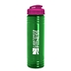 a transparent green bottle & translucent hot pink lid 24 oz slim fit upcycle rpet bottle with flip lid