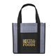 aerial view a black laminated heathered non - woven grocery tote, image 1 of 2