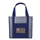 aerial view a navy laminated heathered non - woven grocery tote, image 1 of 2