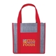 aerial view a red laminated heathered non - woven grocery tote, image 1 of 3