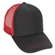 aerial view a black/red structured foam trucker hat, image 1 of 3