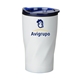 aerial view a white with blue lid 14 oz white stainless steel twisting tumbler, image 1 of 2