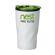 aerial view a white with green lid 14 oz white stainless steel twisting tumbler, image 1 of 2
