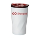 aerial view a white with red lid 14 oz white stainless steel twisting tumbler, image 1 of 2