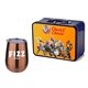 a navy blue lunchbox & copper wine glass retro lunchbox + single 10 oz stemless wine glass in vacuum formed insert