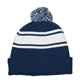 aerial view a navy blue/ white 2- tone acrylic rib knit pom pom beanie, image 1 of 2