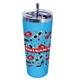 aerial view a blue 22 oz memphis tumbler with flip lid straw - gift set, full color digital, image 1 of 2