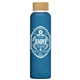 aerial view a dark blue 7462 lucerne - 20 oz frosted borosilicate glass bottle with bamboo lid, image 1 of 2