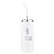 aerial view a white 20 oz stainless steel tumbler with silicone straw, image 1 of 6
