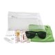 aerial view a clear with green sunglasses & green golf towel layover 15 piece golf kit in travel pack with zipper components inserted into zipper kit, image 1 of 3