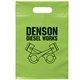 aerial view a lime frosted plastic flexo ink multi color die cut handle bag 9.5 x 14, image 1 of 2