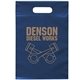 aerial view a navy blue frosted plastic flexo ink multi color die cut handle bag 9.5 x 14, image 1 of 2
