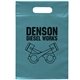 aerial view a teal frosted plastic flexo ink multi color die cut handle bag 9.5 x 14, image 1 of 2
