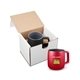 aerial view a red 15oz geo square handle ceramic mug in mailer, image 1 of 2